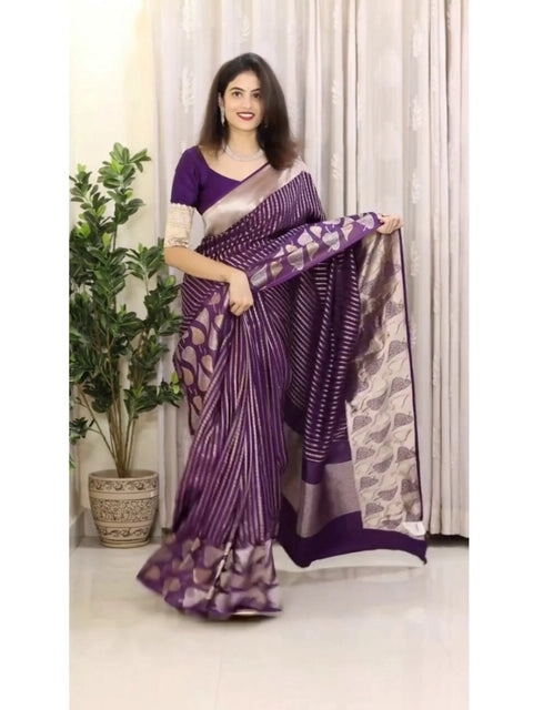 Women's Silk Printed Saree With Unstitched Blouse 5.5Mtr (Purple)