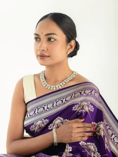 Women's Silk Printed Saree With Unstitched Blouse 5.5Mtr (Purple)