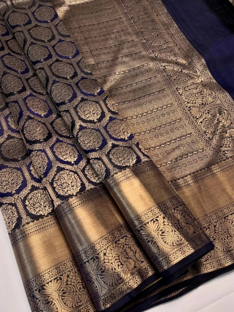 Women's Silk Printed Saree With Unstitched Blouse 5.5Mtr (Navy Blue)