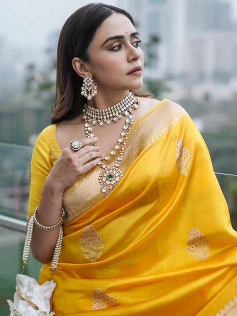 Women's Silk Printed Saree With Unstitched Blouse 5.5Mtr (Yellow)