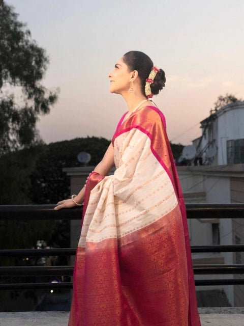 Women's Silk Printed Saree With Unstitched Blouse 5.5Mtr (White-Pink)