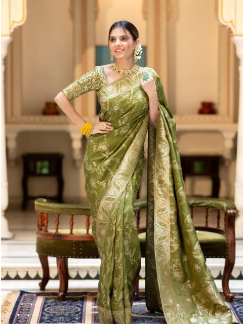 Women's Silk Printed Saree With Unstitched Blouse 5.5Mtr (Olive Green)