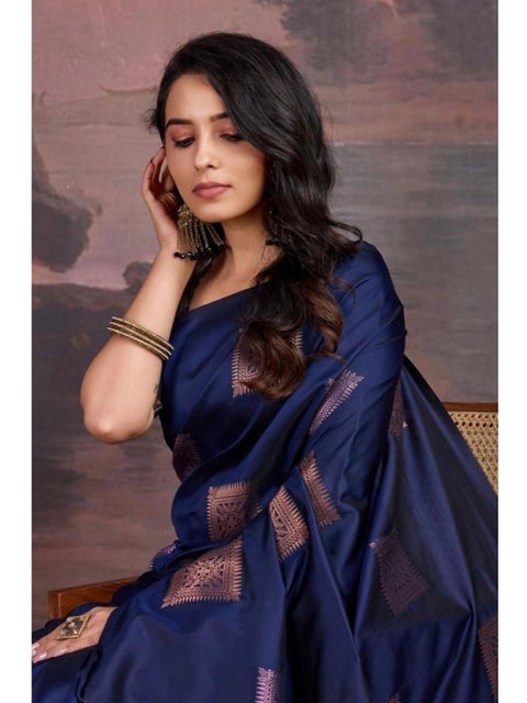 Women's Silk Printed Saree With Unstitched Blouse 5.5Mtr (Navy Blue)