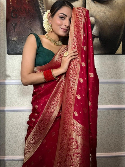 Women's Silk Printed Saree With Unstitched Blouse 5.5Mtr (Red)
