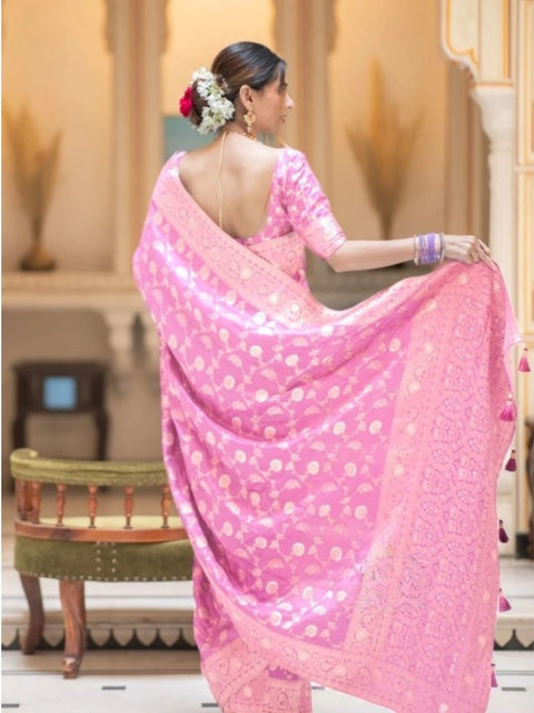 Women's Silk Printed Saree With Unstitched Blouse 5.5Mtr (Pink)