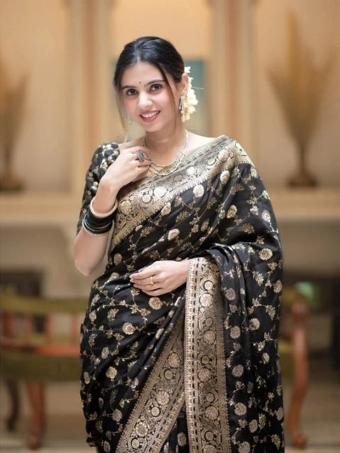Women's Silk Printed Saree With Unstitched Blouse 5.5Mtr (Black)