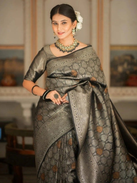 Women's Silk Printed Saree With Unstitched Blouse 5.5Mtr (Black)