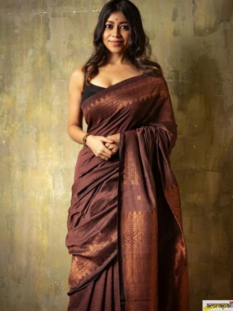 Women's Silk Printed Saree With Unstitched Blouse 5.5Mtr (Coffee)