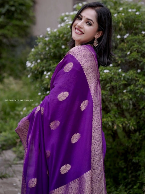 Women's Silk Printed Saree With Unstitched Blouse 5.5Mtr (Purple)