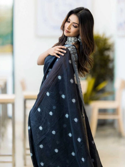 Women's Cotton  Printed Saree With Unstitched Blouse 5.5Mtr (Black)