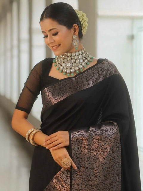 Women's Silk Printed Saree With Unstitched Blouse 5.5Mtr (Black)