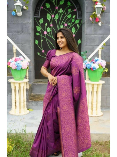 Women's Silk Printed Saree With Unstitched Blouse 5.5Mtr (Purple)