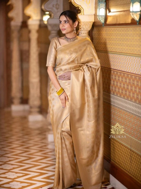 Women's Silk Printed Saree With Unstitched Blouse 5.5Mtr (Cream)