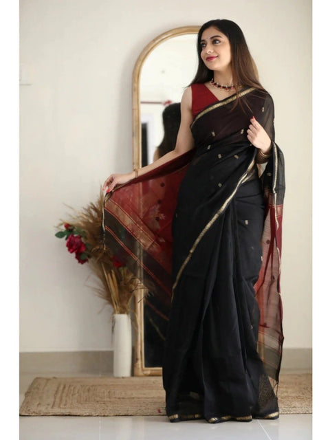 Women's Cotton  Printed Saree With Unstitched Blouse 5.5Mtr (Black)