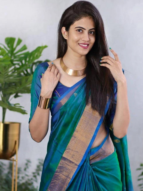 Women's Silk Printed Saree With Unstitched Blouse 5.5Mtr (Blue)