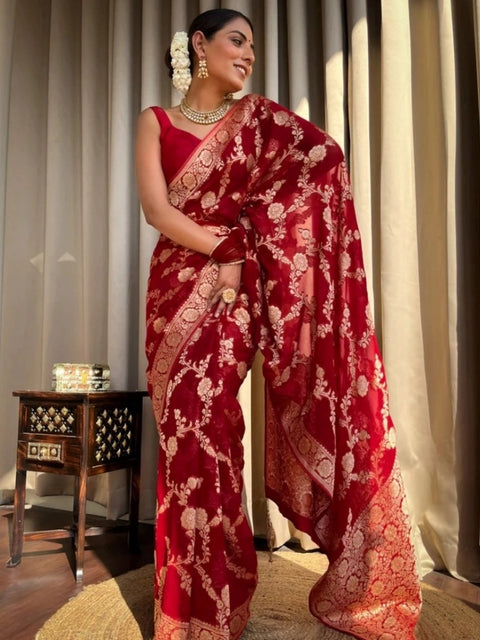 Women's Silk Printed Saree With Unstitched Blouse 5.5Mtr (Red)