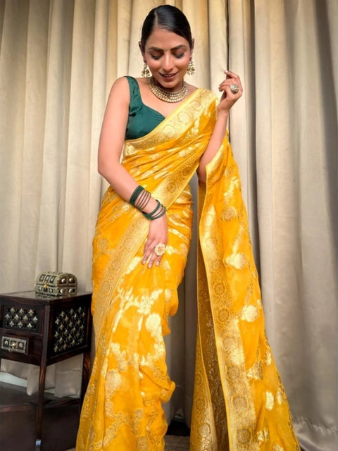 Women's Silk Printed Saree With Unstitched Blouse 5.5Mtr (Gold Yellow)