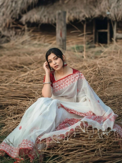 Women's Cotton  Printed Saree With Unstitched Blouse 5.5Mtr (White-Red)