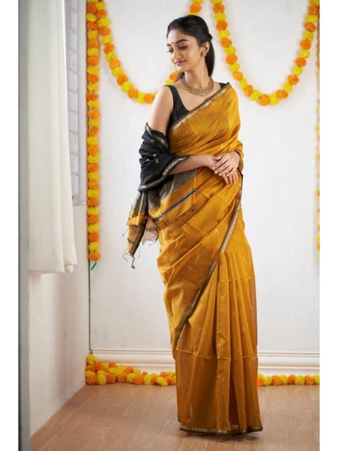 Women's Cotton  Printed Saree With Unstitched Blouse 5.5Mtr (Yellow)
