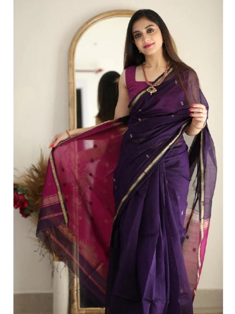Women's Cotton  Printed Saree With Unstitched Blouse 5.5Mtr (Navy Blue)