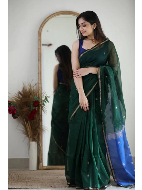 Women's Cotton  Printed Saree With Unstitched Blouse 5.5Mtr (Green)