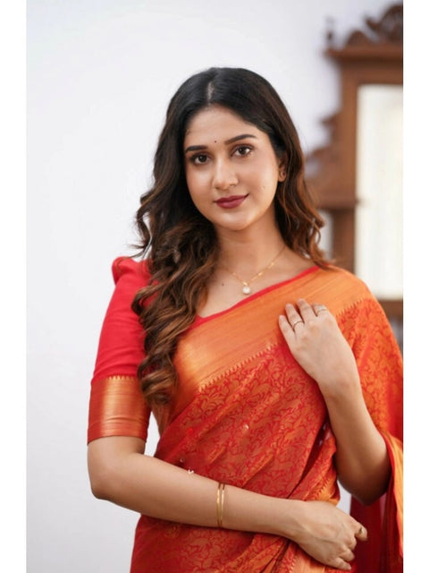 Women's Silk Printed Saree With Unstitched Blouse 5.5Mtr (Orange)