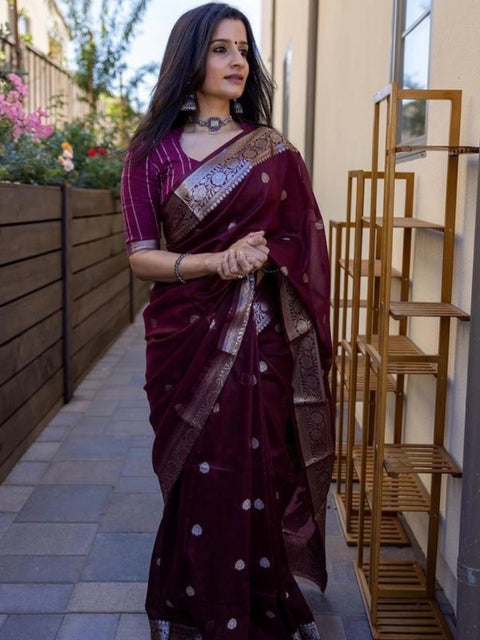 Women's Cotton  Printed Saree With Unstitched Blouse 5.5Mtr (Maroon)
