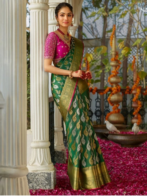 Women's Silk Printed Saree With Unstitched Blouse 5.5Mtr (Green)