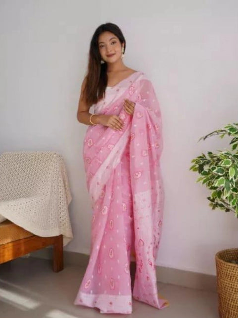 Women's Cotton  Printed Saree With Unstitched Blouse 5.5Mtr (Pink)