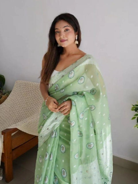 Women's Cotton  Printed Saree With Unstitched Blouse 5.5Mtr (Pista)