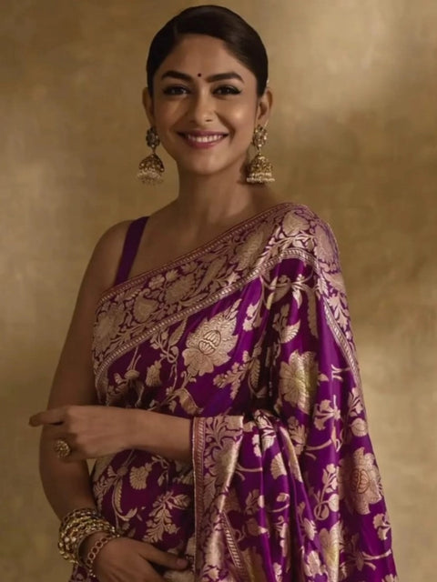 Women's Silk Printed Saree With Unstitched Blouse 5.5Mtr (Purple)