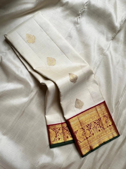 Women's Silk Printed Saree With Unstitched Blouse 5.5Mtr (Off White-Red)