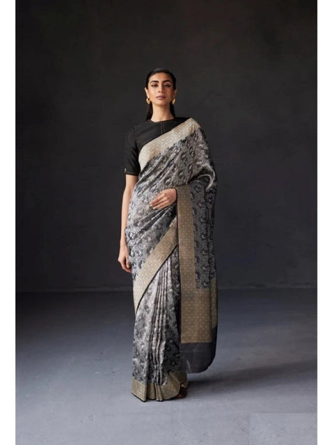 Women's Silk Printed Saree With Unstitched Blouse 5.5Mtr (Grey)