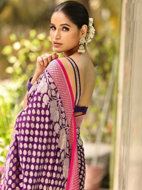 Women's Silk Printed Saree With Unstitched Blouse 5.5Mtr (Purple)