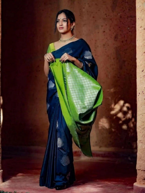 Women's Silk Printed Saree With Unstitched Blouse 5.5Mtr (Navy Blue)