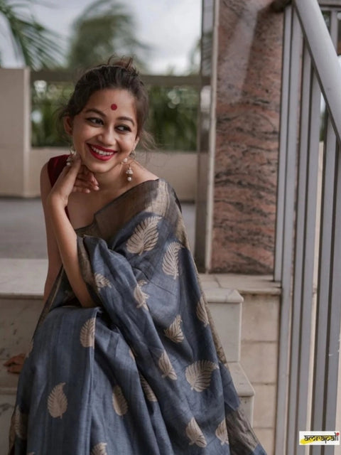 Women's Silk Printed Saree With Unstitched Blouse 5.5Mtr (Grey)