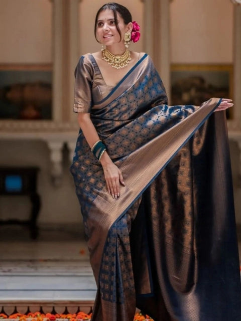 Women's Silk Printed Saree With Unstitched Blouse 5.5Mtr (Blue)
