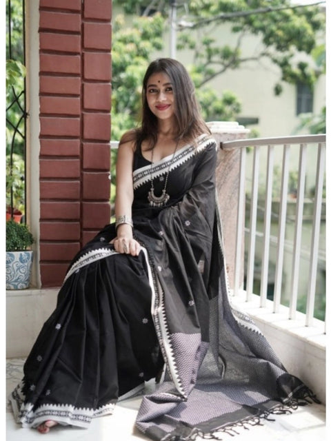 Women's Cotton  Printed Saree With Unstitched Blouse 5.5Mtr (Black)