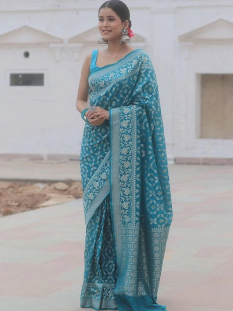 Women's Silk Printed Saree With Unstitched Blouse 5.5Mtr (Sky Blue)