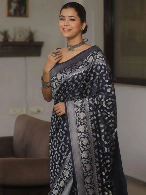 Women's Silk Printed Saree With Unstitched Blouse 5.5Mtr (Navy Blue)