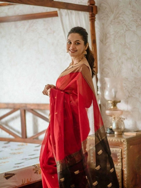 Women's Cotton  Printed Saree With Unstitched Blouse 5.5Mtr (Red)