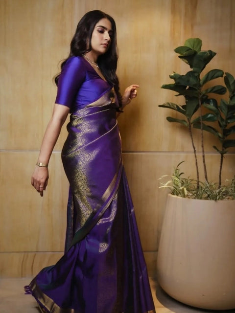 Women's Silk Printed Saree With Unstitched Blouse 5.5Mtr (Purple)