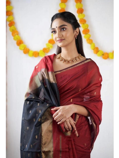 Women's Cotton  Printed Saree With Unstitched Blouse 5.5Mtr (Red)