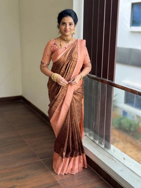 Women's Silk Printed Saree With Unstitched Blouse 5.5Mtr (Brown)