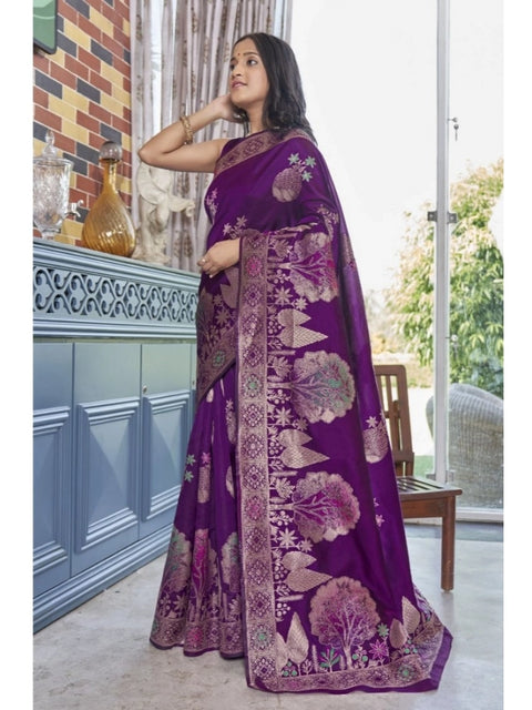 Women's Silk Printed Saree With Unstitched Blouse 5.5Mtr (Purple)