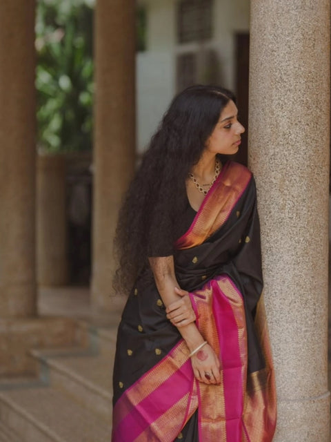 Women's Silk Printed Saree With Unstitched Blouse 5.5Mtr (Black-Pink)