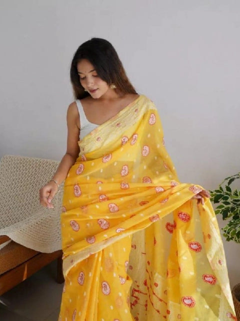 Women's Cotton  Printed Saree With Unstitched Blouse 5.5Mtr (Yellow)
