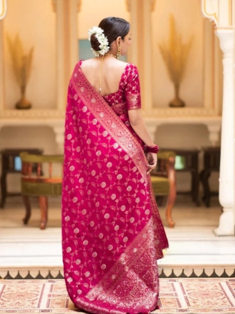 Women's Silk Printed Saree With Unstitched Blouse 5.5Mtr (Rani Pink)