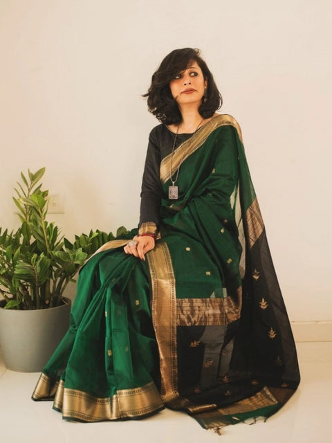 Women's Silk Printed Saree With Unstitched Blouse 5.5Mtr (Dark Green)