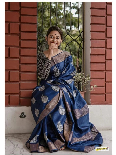 Women's Silk Printed Saree With Unstitched Blouse 5.5Mtr (Navy Blue)